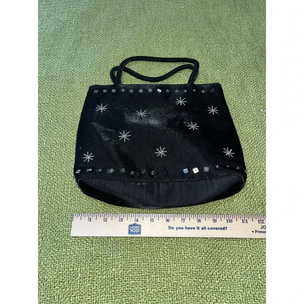 Vintage Wallis Bag , Black With Snowflakes And Embellishments , Magnetic Closure